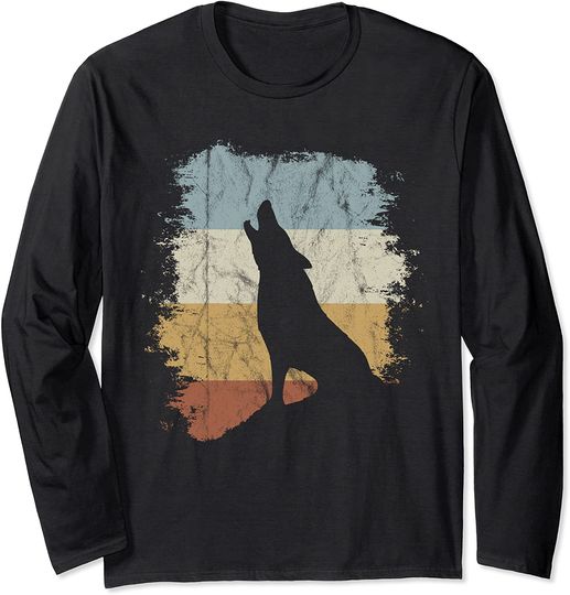 80s Retro Style Howling Lonely Wolf Silhouette Long Sleeve