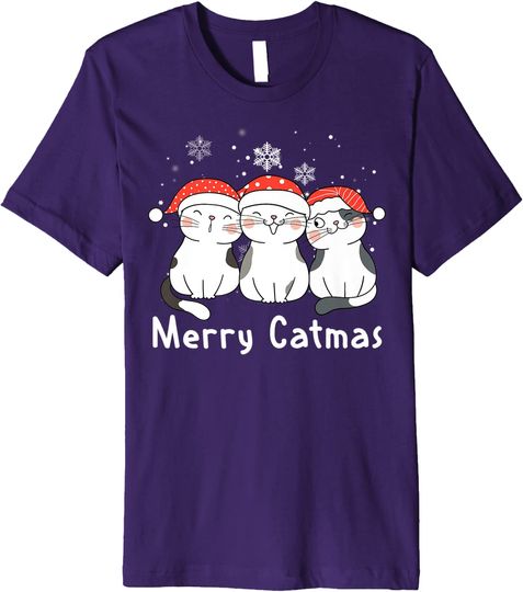 Discover Merry Catmas Meowy Three Cat Santa Hat Christmas T-Shirt