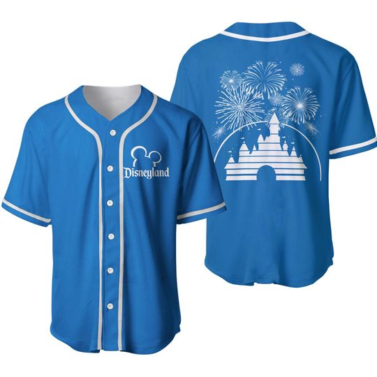 Disneyland Castle Fireworks Denim Blue White Baseball Jersey