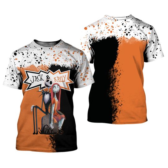 Jack Skellington & Sally Orange Black Splatter Paint Disney 3D Tshirt