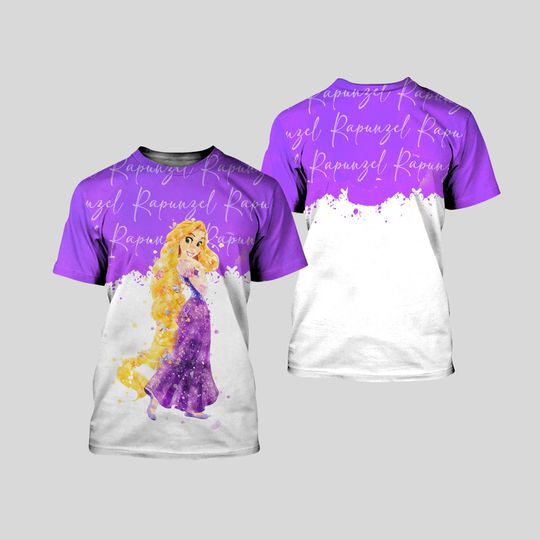 Tangled Rapunzel Princess Purple Watercolor Glitter Disney Cartoon Outfits Unisex All Over Print T-shirts