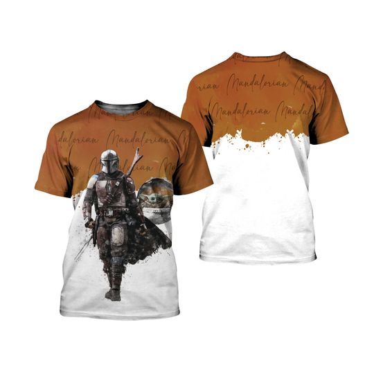Star Wars Mandalorian Brown Watercolor Glitter Disney 3D T-Shirt