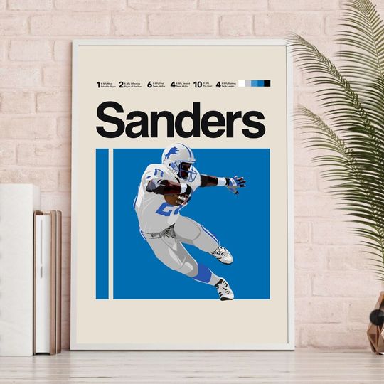 Discover Barry Sanders Poster, Detroit Lions Minimalist, Helvetica, Mid-Century Modern, Poster, Office Wall Art, football Bedroom art, football