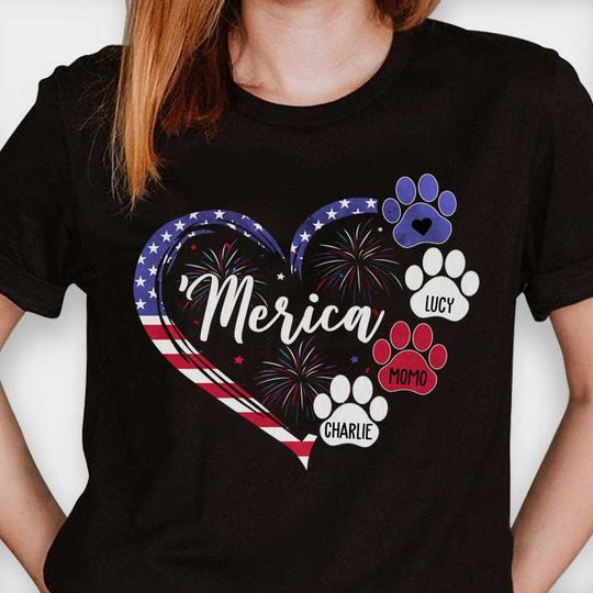 Discover Dog Paw Prints Heart Firework - Gifts For 4th Of July - Personalized Unisex T-Shirt