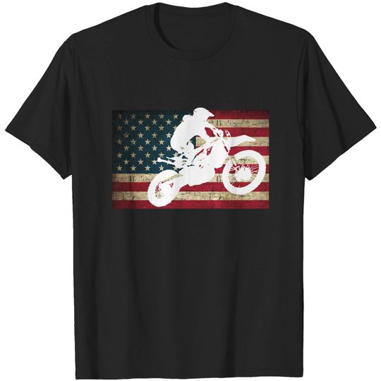 Discover Dirt Bike Silhouette Distressed American Flag Motocross Pullover T-Shirts