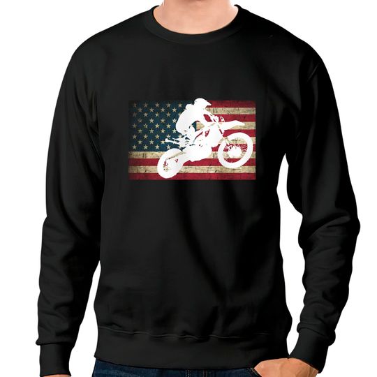 Discover Dirt Bike Silhouette Distressed American Flag Motocross Pullover Sweatshirts