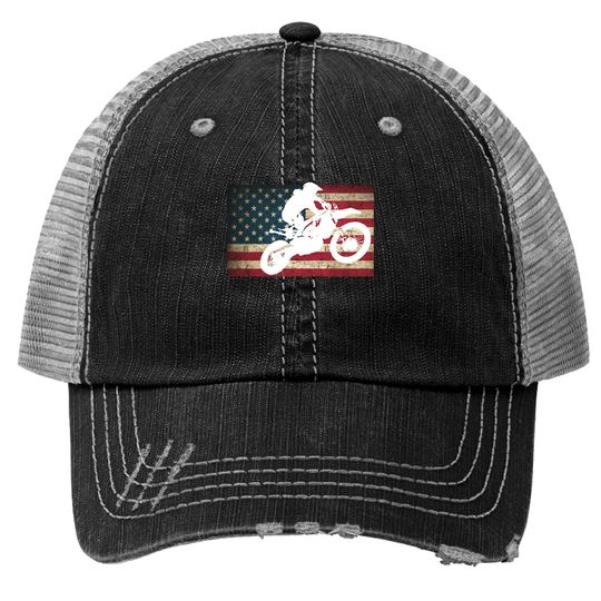 Discover Dirt Bike Silhouette Distressed American Flag Motocross Pullover Trucker Hats