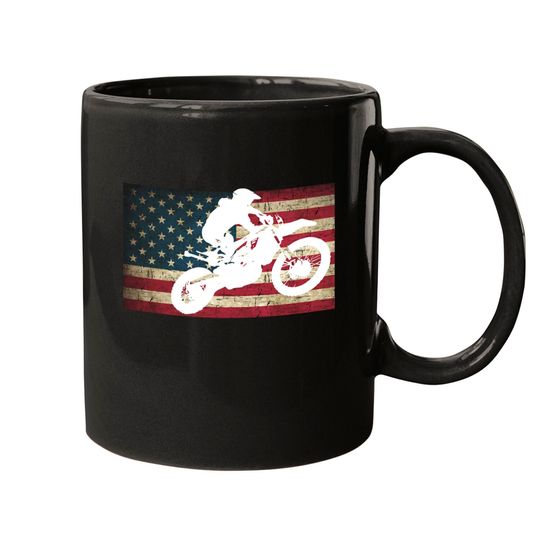 Discover Dirt Bike Silhouette Distressed American Flag Motocross Pullover Mugs