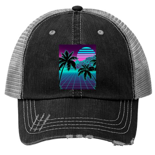 Discover Retro 80s Vaporwave Sunset Sunrise With Outrun style grid Trucker Hats