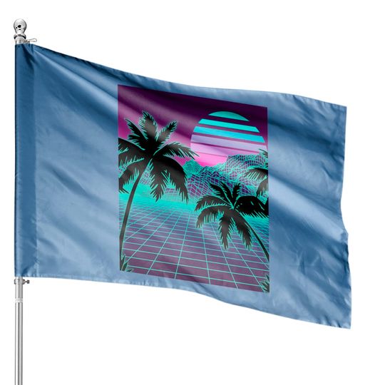 Discover Retro 80s Vaporwave Sunset Sunrise With Outrun style grid House Flags