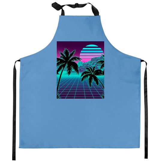 Discover Retro 80s Vaporwave Sunset Sunrise With Outrun style grid Kitchen Aprons