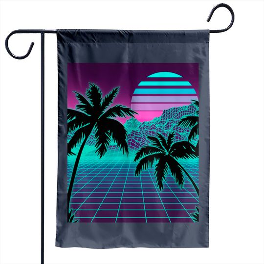 Discover Retro 80s Vaporwave Sunset Sunrise With Outrun style grid Garden Flags