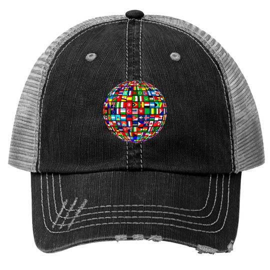 Discover Travel Symbol Trucker Hats World Map of Flags