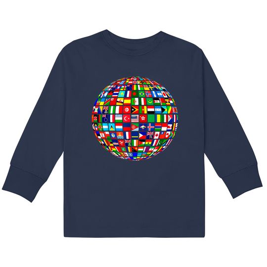 Discover Travel Symbol  Kids Long Sleeve T-Shirts World Map of Flags