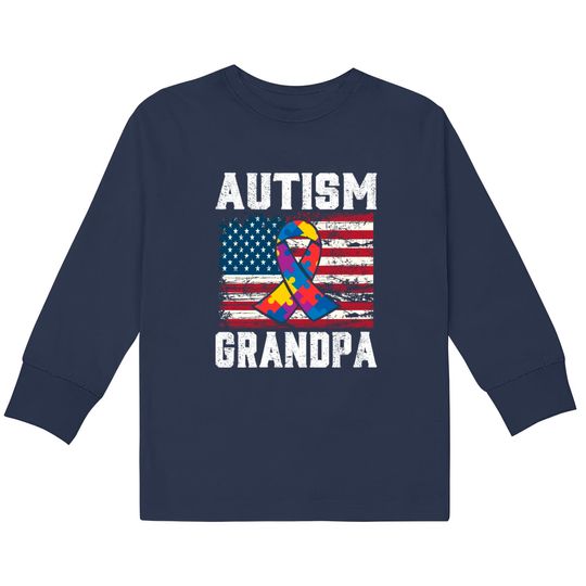 Discover Autism Grandpa American Flag - Autism Awareness -  Kids Long Sleeve T-Shirts