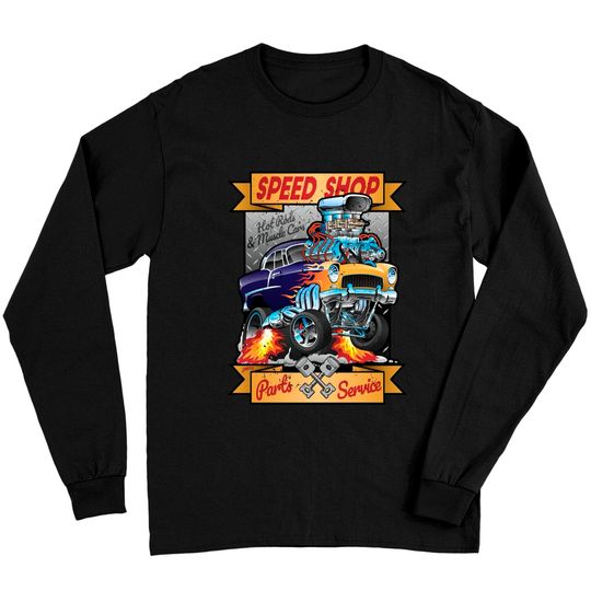 Discover Speed Shop Hot Rod Muscle Car Parts and Service Vintage Cartoon Illustration - Hot Rod - Long Sleeves