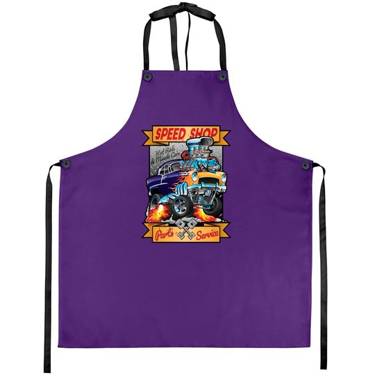 Discover Speed Shop Hot Rod Muscle Car Parts and Service Vintage Cartoon Illustration - Hot Rod - Aprons