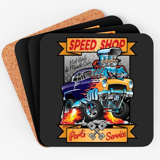 Discover Speed Shop Hot Rod Muscle Car Parts and Service Vintage Cartoon Illustration - Hot Rod - Coasters