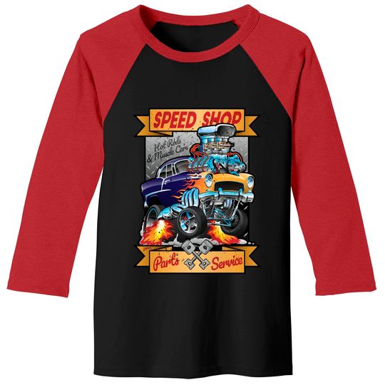 Discover Speed Shop Hot Rod Muscle Car Parts and Service Vintage Cartoon Illustration - Hot Rod - Baseball Tees