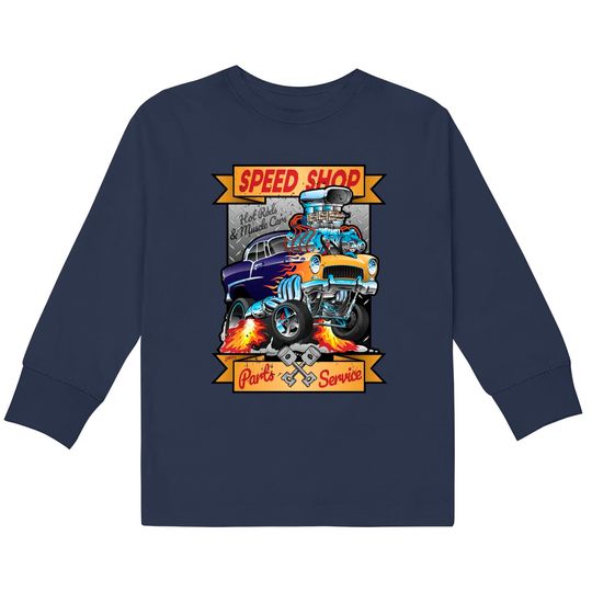 Discover Speed Shop Hot Rod Muscle Car Parts and Service Vintage Cartoon Illustration - Hot Rod -  Kids Long Sleeve T-Shirts