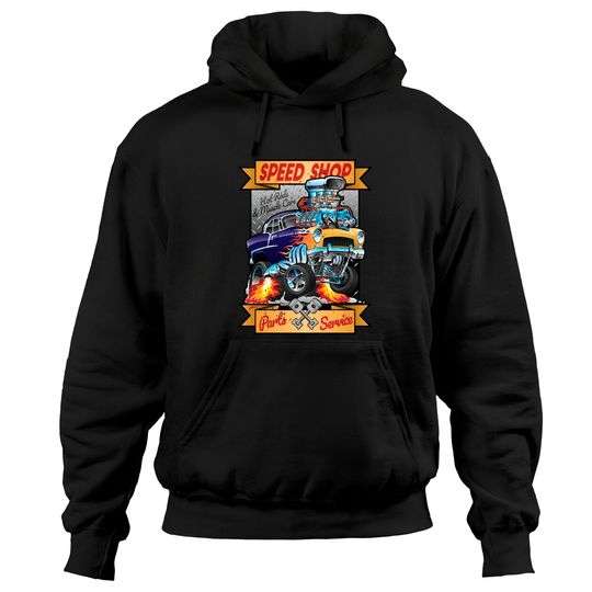 Discover Speed Shop Hot Rod Muscle Car Parts and Service Vintage Cartoon Illustration - Hot Rod - Hoodies