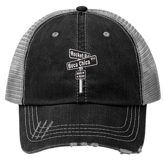 Discover SpaceX Boca Chica Road Sign distressed design Trucker Hats