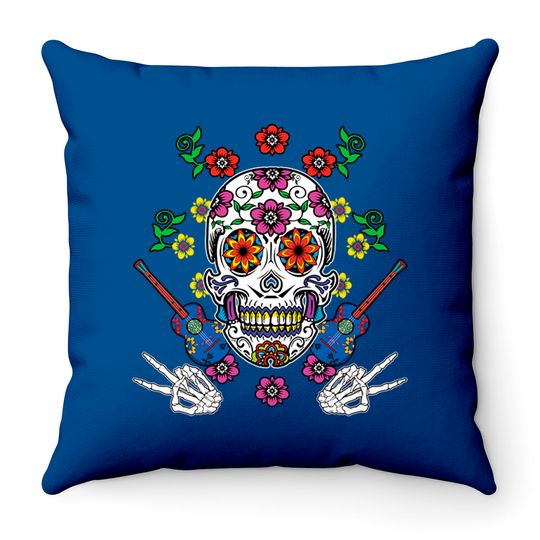Discover Floral Guitar Sugar Skull Muertos Day Of Dead - Muertos - Throw Pillows