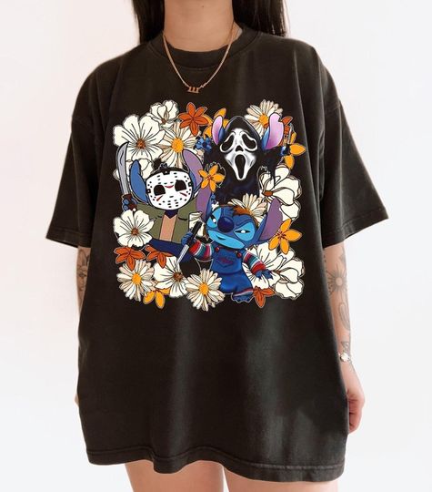 Discover Retro Disney Stitch Halloween Stitch Horror Shirt, Stitch Halloween Floral Shirt