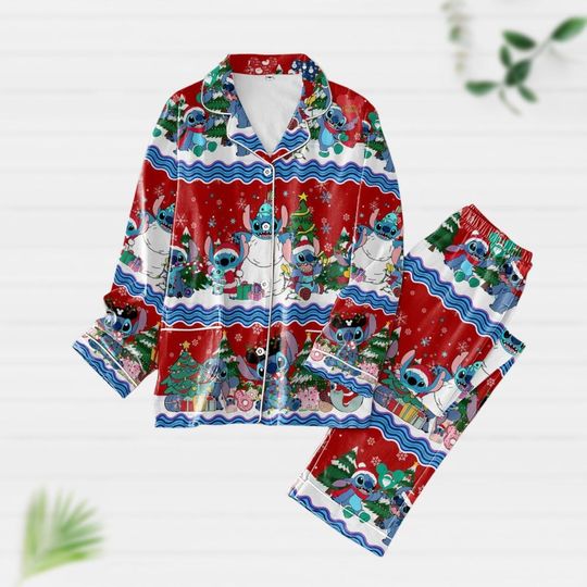 Discover Christmas Stitch Pajamas, Cartoon Santa Holiday Pajamas, Disney Christmas Pyjamas, Long Sleeve Pjs, Vacation Gift, Stitch Xmas Outfit