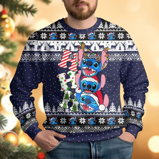Discover Disney Santa Stitch Ho Ho Ho Christmas Lights Ugly Sweatshirt