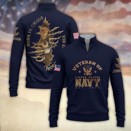 Discover US Navy Born In Chaos – Forged In The Sea Zip Neck Sweater