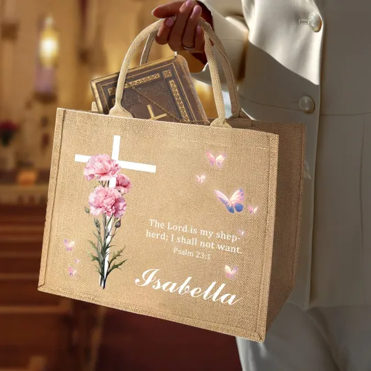 Discover Personalised Cross Birth Flower Butterfly Large Jute Tote Bag with Name Church Daily Birthday Gift for Christians