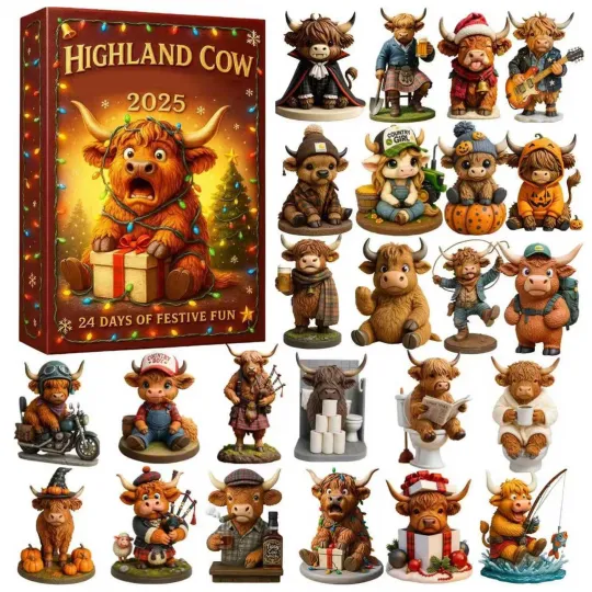 Discover Highland Cow Advent Calendar 2025 3D Advent Decors 24 Pieces Cattle Ornament