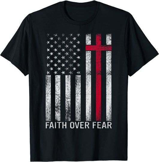 Discover Faith Over Fears Cool Christian Cross American USA Flag Gym T-Shirt