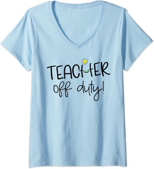 Discover Womens Summer Break Teacher Off Duty with Hammock and Sun-Teachers V-Neck T-Shirt