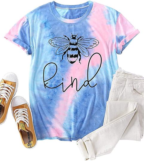 Discover Bee Kind T Shirts Women Tie-Dye Gradient Rainbow Shirt Funny Inspirational Teacher Fall Tees Tops Blessed Shirt Blouse