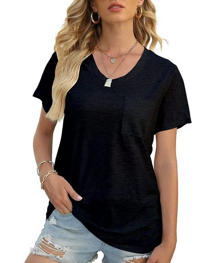 Discover Women Flowy Tshirt Rounded U Neck Summer T Shirt Short Sleeve Pocket Loose Top