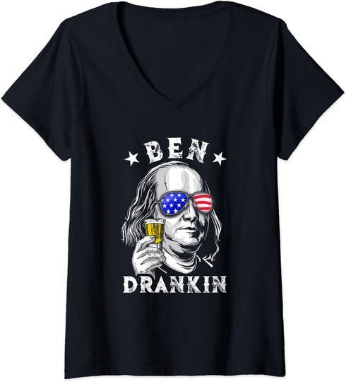 Discover Womens Ben Drankin Benjamin Franklin Funny Drinking 4th of July USA V-Neck T-Shirt