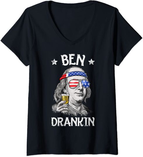 Discover Womens Ben Drankin 4th of July Benjamin Franklin Men Women USA Flag V-Neck T-Shirt