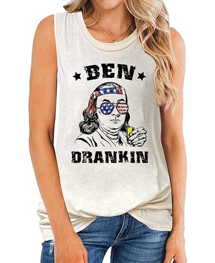 Discover Womens Ben Drankin Funny Letter Graphic Muscle Tank Top Vintage 4th of July Patriotic Sleeveless T Shirt Blouse Vest