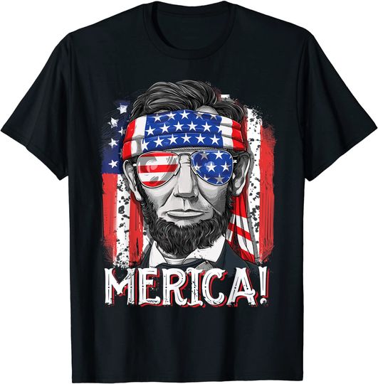 Discover Abraham Lincoln 4th Of July Merica Men Women American Flag T-Shirt