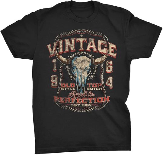 Discover 57th Birthday Shirt for Men - Vintage 1964 Aged to Perfection - Bull Skull