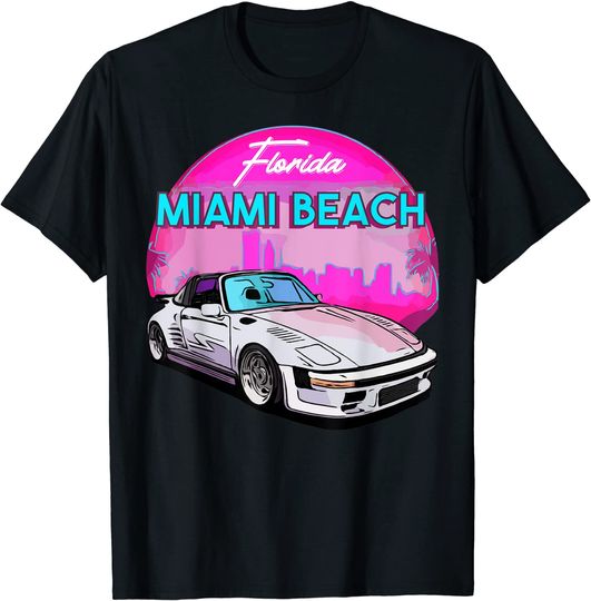 Discover Miami Men's T Shirt Palm Trees and Vintage Car