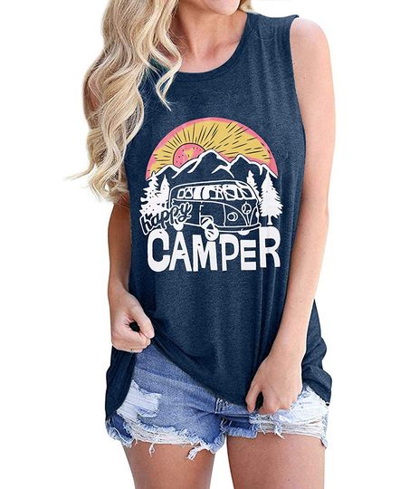 Discover Happy Camper Women Tank Tops Funny Camping T-Shirts Cute Sunrise Graphic Summer Casual Hiking Vest