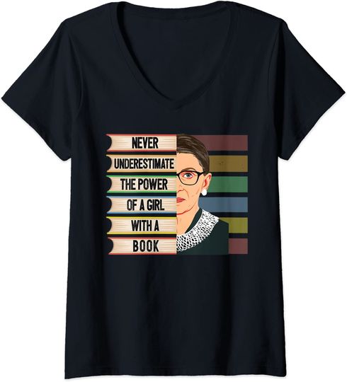 Discover Womens Feminist Ruth Bader Ginsburg RBG Quote Girl With Book Women V-Neck T-Shirt