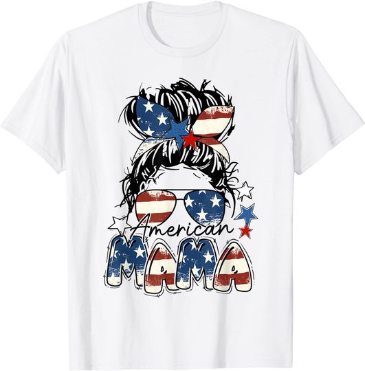 Discover American Mama Messy Hair Bun Patriotic Mommy T-Shirt