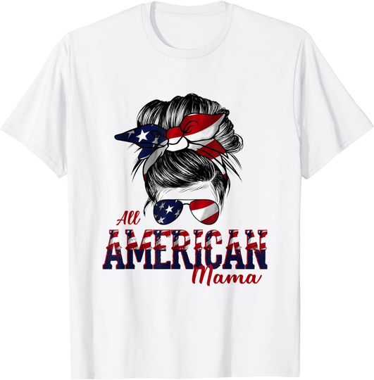 Discover 4th of July All American Mama Bleached Tee Messy Bun Hair T-Shirt