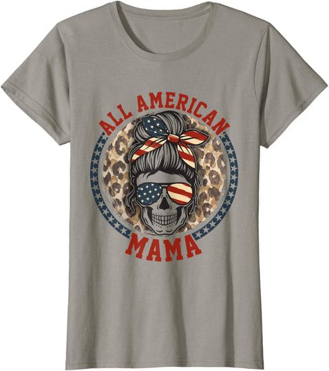 Discover Womens wDr All American Mama Leopard Messy Bun Mom 4th Of July T-Shirt