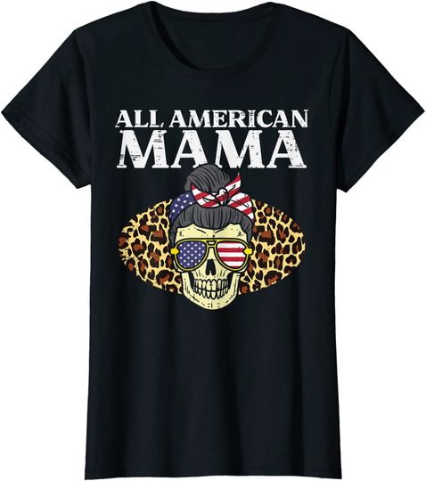 Discover Womens All American Mama Skull US Flag Leopard 4th Of July Women T-Shirt