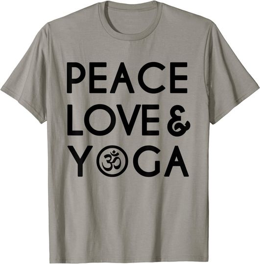 Discover Yoga Saying Peace Love and Yoga Om Symbol T Shirt